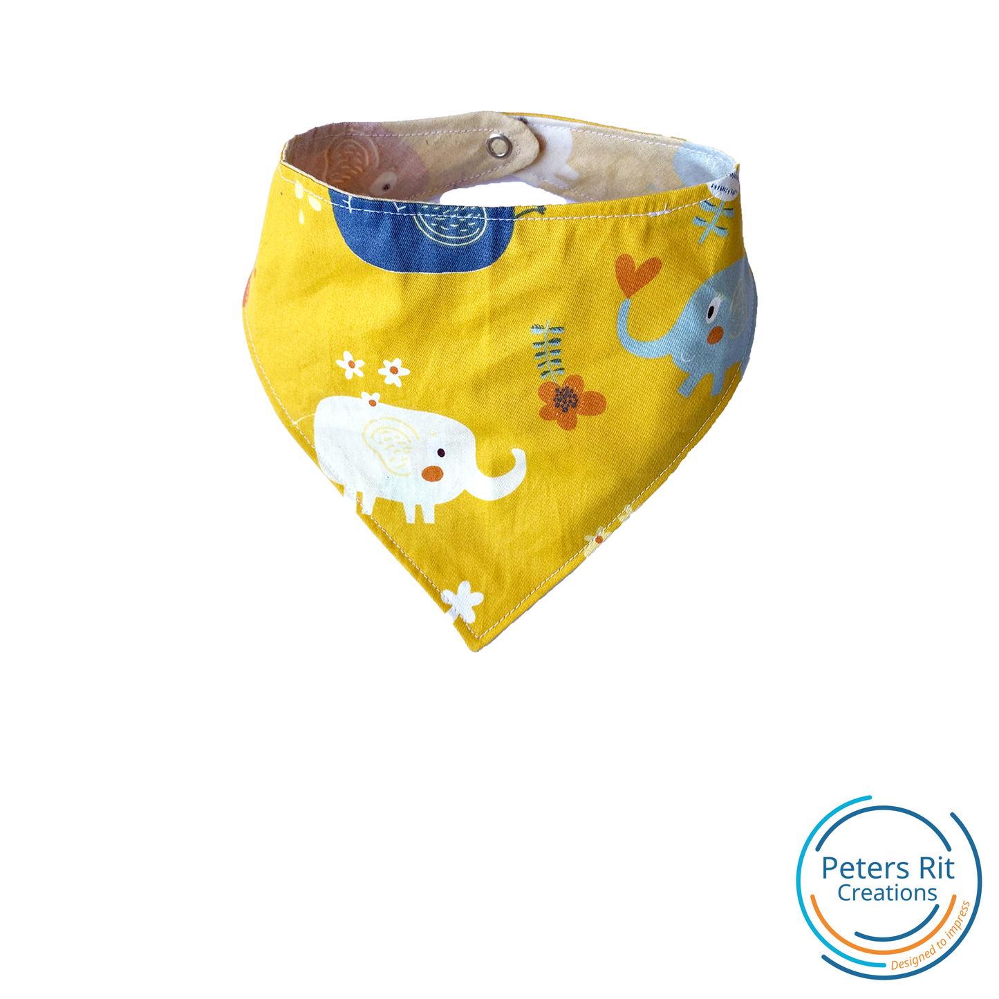 Bandana slab handgemaakt en wasbaar | OKERGEEL MET OLIFANTEN (eventueel met naam)