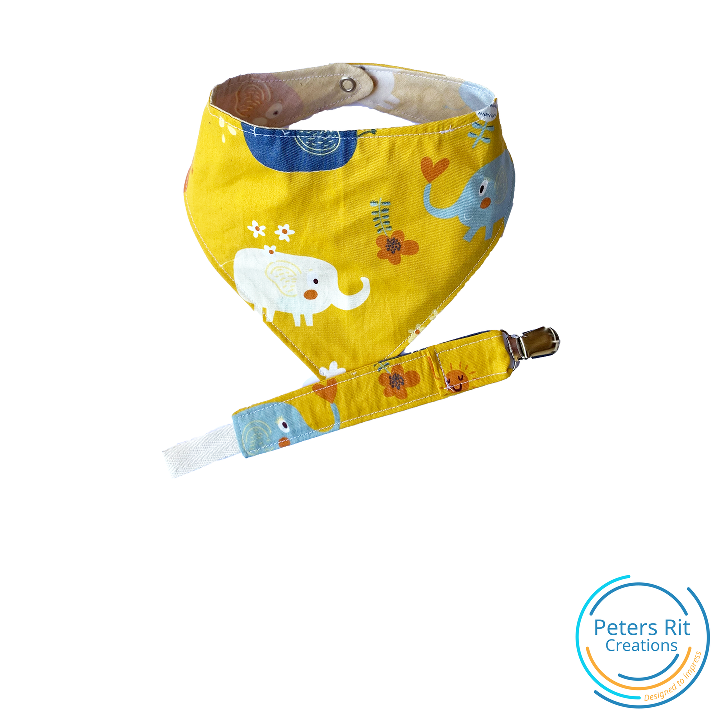 Bandana slab handgemaakt en wasbaar | OKERGEEL MET OLIFANTEN (eventueel met naam)