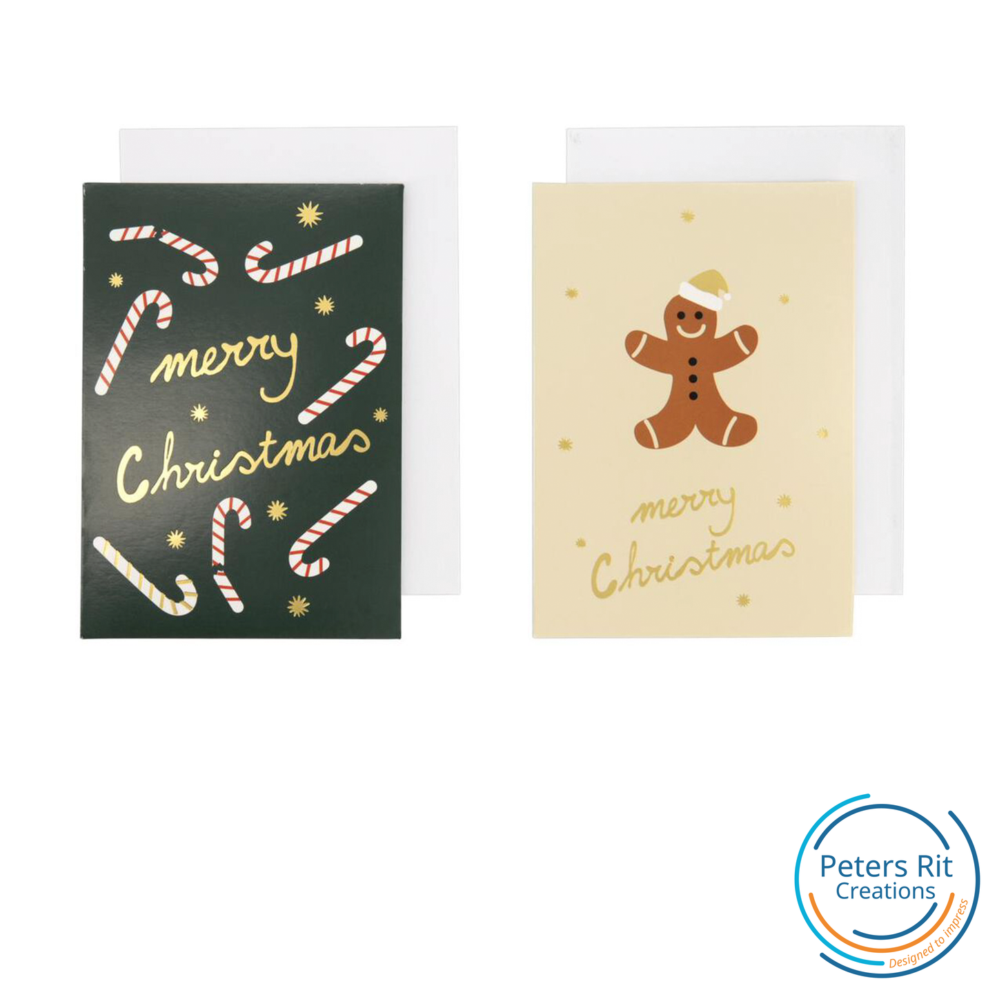 Handgeschreven KERSTKAARTEN beige gingerbread mannetjes & groen met zuurstokken