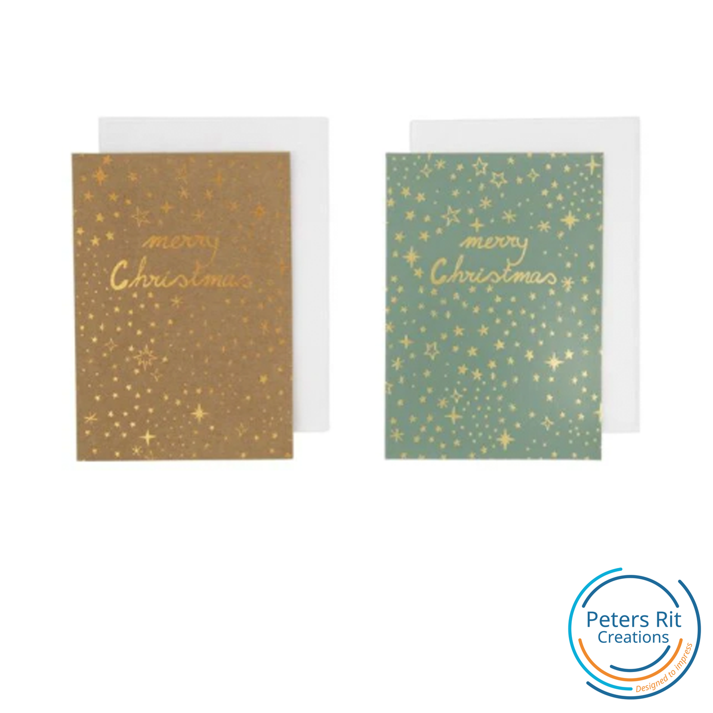 Handgeschreven KERSTKAARTEN kraft & groen met gouden sterren