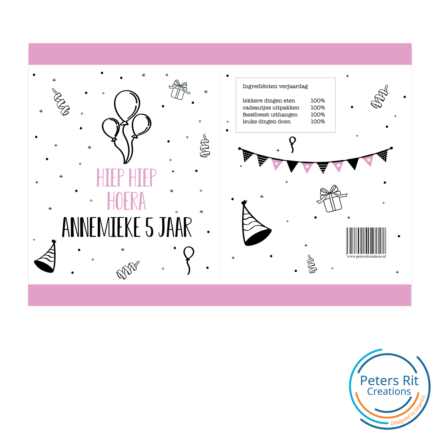 Printable traktatie | HIEP HIEP HOERA met NAAM en JAAR