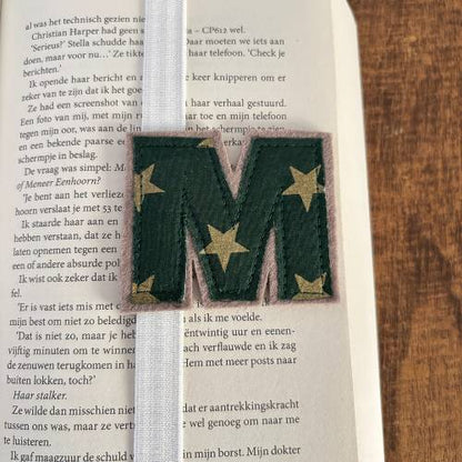 Boekenlegger elastiek gepersonaliseerd met letter | Donker groen met gouden sterren