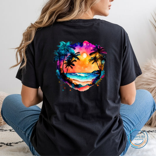 Dames T-shirt R-hals korte mouw | COLORFUL BEACH SUNSET PALM TREES AND STARS