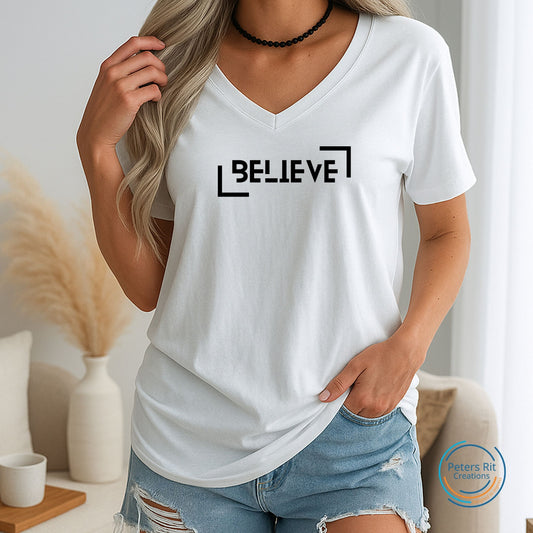 Dames T-shirt V-hals korte mouw | BELIEVE