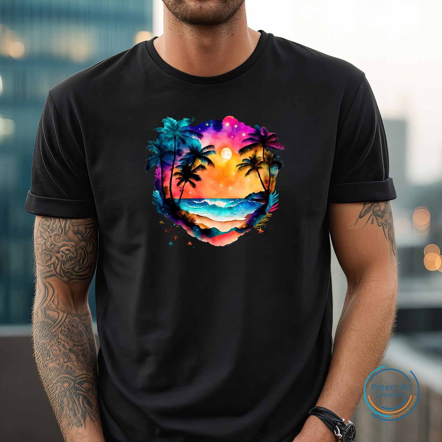 Heren T-shirt R-hals korte mouwen | COLORFUL BEACH SUNSET PALM TREES AND STARS