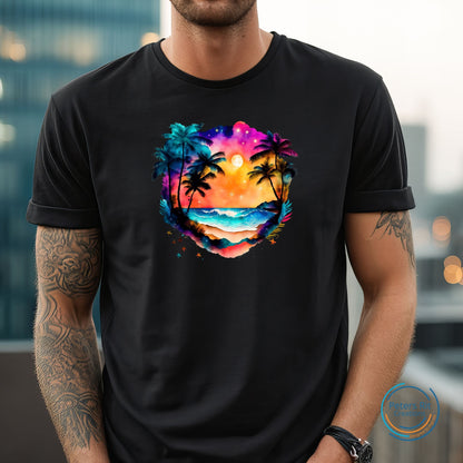 Heren T-shirt R-hals korte mouwen | COLORFUL BEACH SUNSET PALM TREES AND STARS
