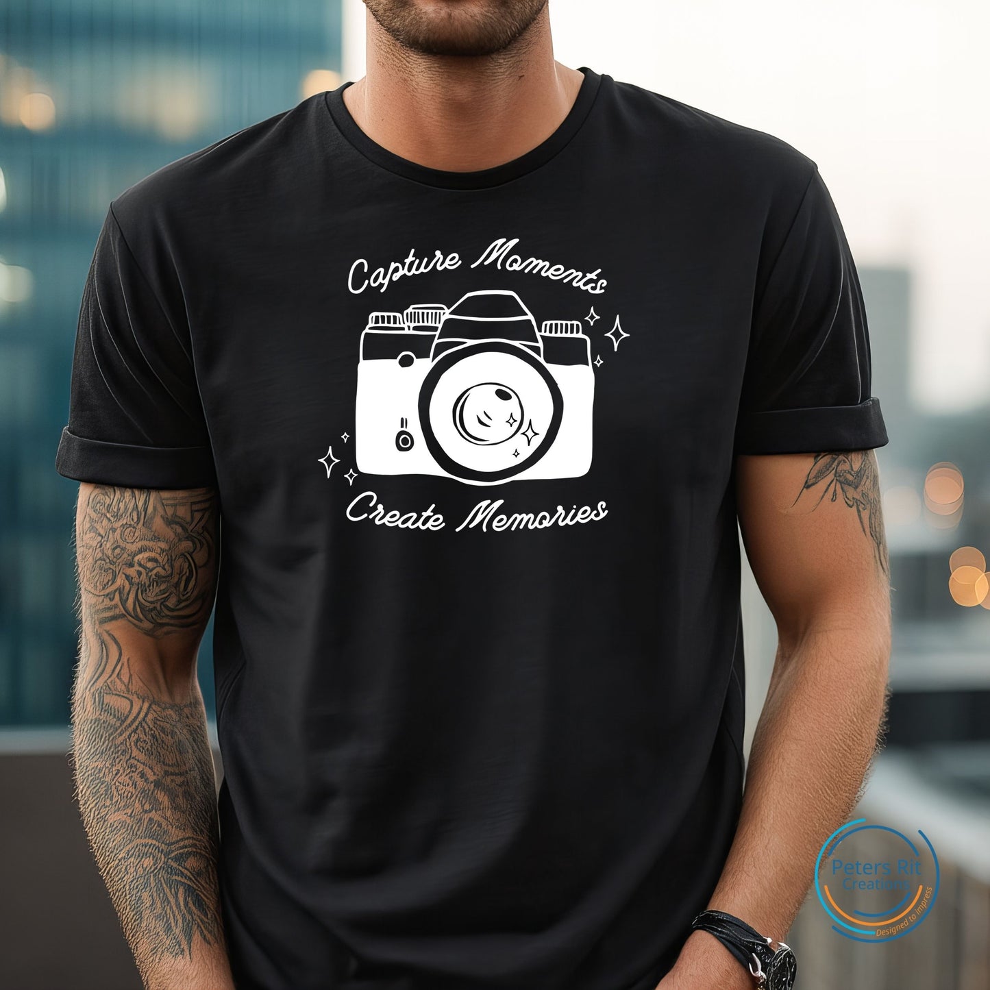 Heren T-shirt R-hals korte mouwen | CAPTURE MOMENTS CREATE MEMORIES CAMERA