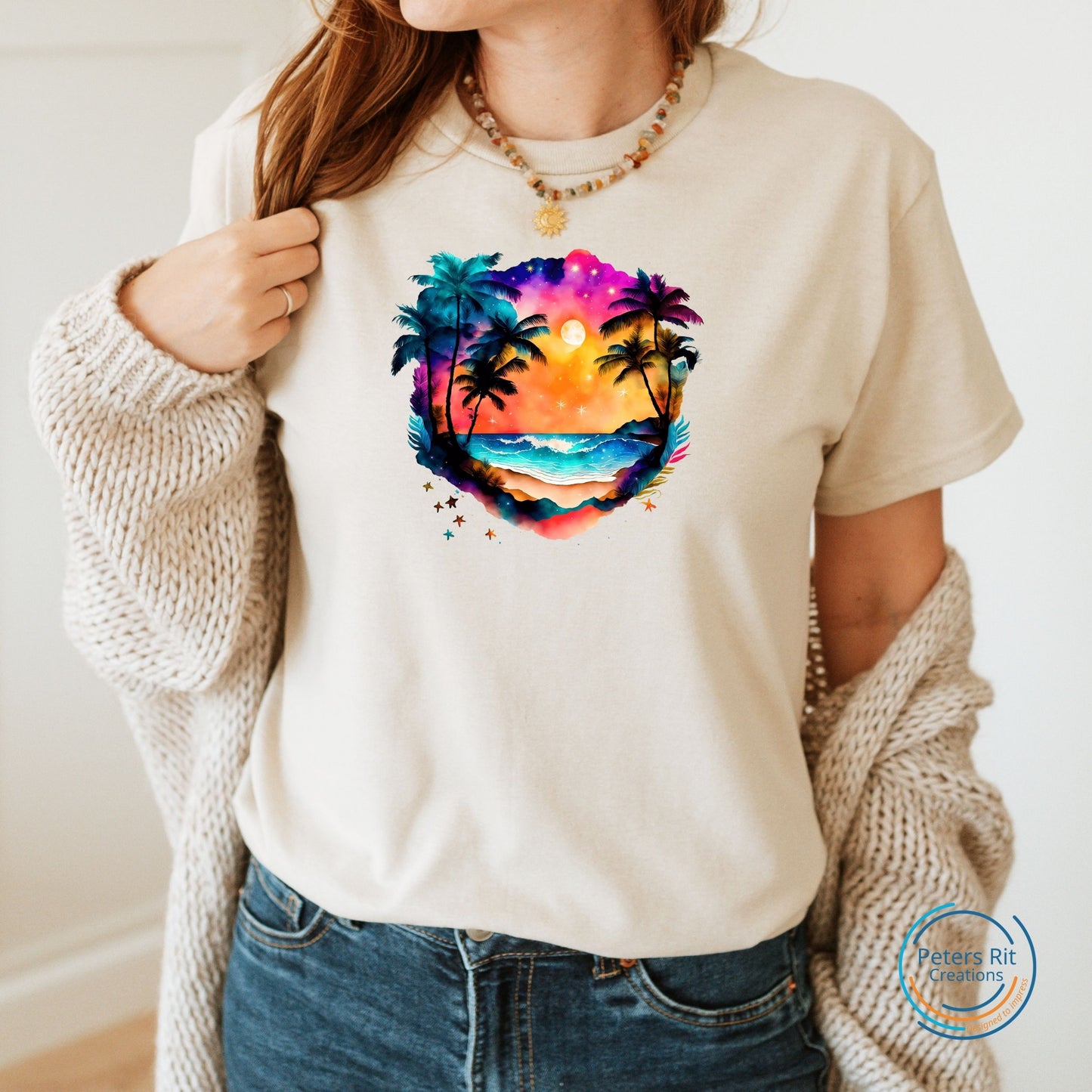 Dames T-shirt R-hals korte mouw | COLORFUL BEACH SUNSET PALM TREES AND STARS
