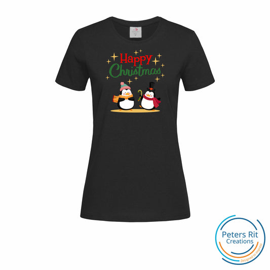 Dames T-shirt R-hals korte mouw | HAPPY CHRISTMAS PINGUINS