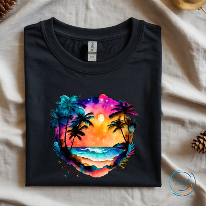 Heren T-shirt R-hals korte mouwen | COLORFUL BEACH SUNSET PALM TREES AND STARS