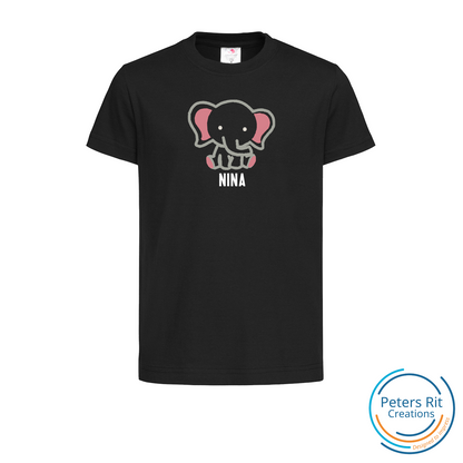 Kinder T-shirt korte mouwen | OLIFANT MET NAAM ROZE geborduurd/bedrukt